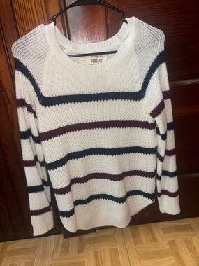 SO White Crewneck Sweater with Navy and Burgundy Stripes